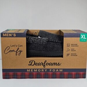 Dearfoams Mens Memory Foam Slippers Indoor Outdoor Charcoal Herringbone XL 13-14